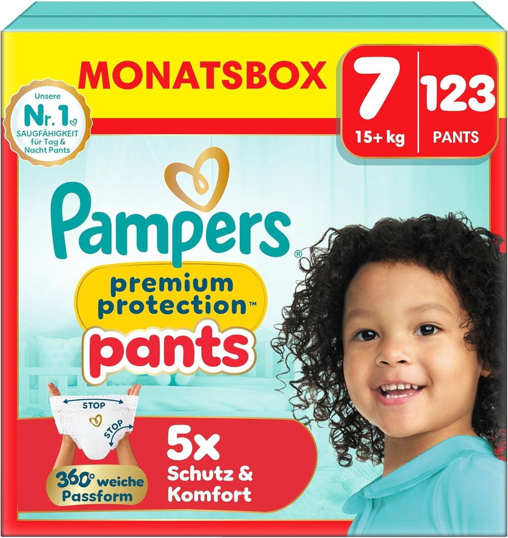 Scutece Pampers Premium Protection Pants mărimea 7, 123 scutece, 15 kg+, cu ajustare la 360° și manșete moi anti-scurgere pentru confort și protecție optime