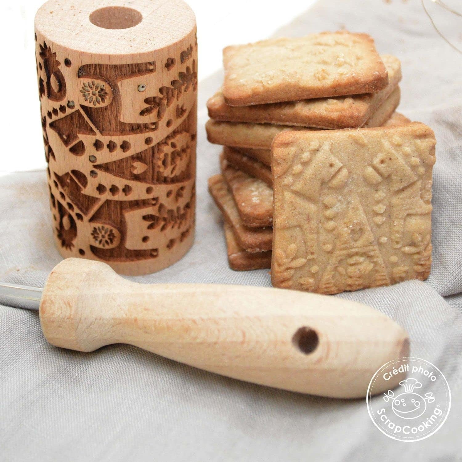 REȘEURI DE GĂTIT - Mini sucitor din lemn „Déco de Crăciun” – Decorațiune cu amprente gravate în relief – Formă de copt pentru decorarea fursecurilor, sablate, biscuiți – 5306