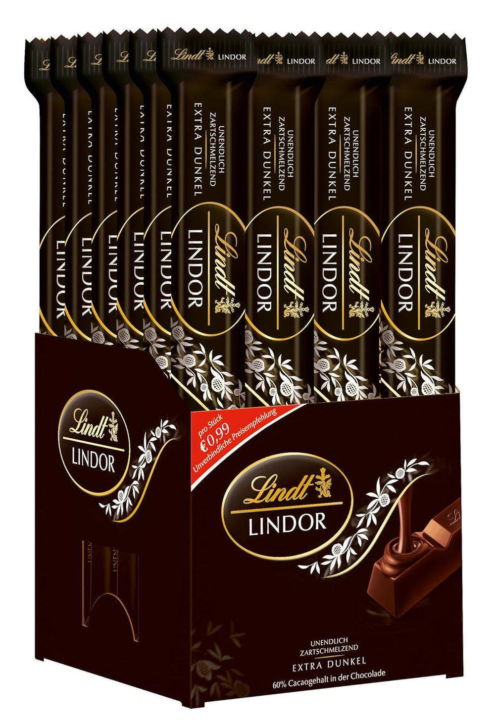 Bețișoare de ciocolată neagră Lindt Chocolate LINDOR | 24 batoane de ciocolată x 37g | Cu o umplutură fină de ciocolată neagră, care se topește în gură, cu 60% cacao | Cadou de ciocolată | Cadou de ciocolată | Pachet vrac