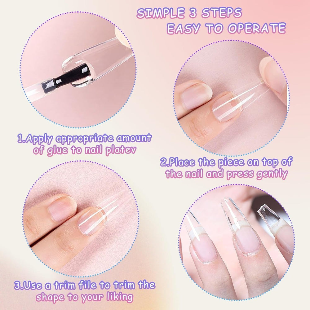 Unghii artificiale extra lungi și transparente, 240 bucăți unghii false, acoperire pe jumătate, unghii artificiale pătrate și drepte, extensii de unghii franceze pentru saloane de unghii și artă pentru unghii DIY