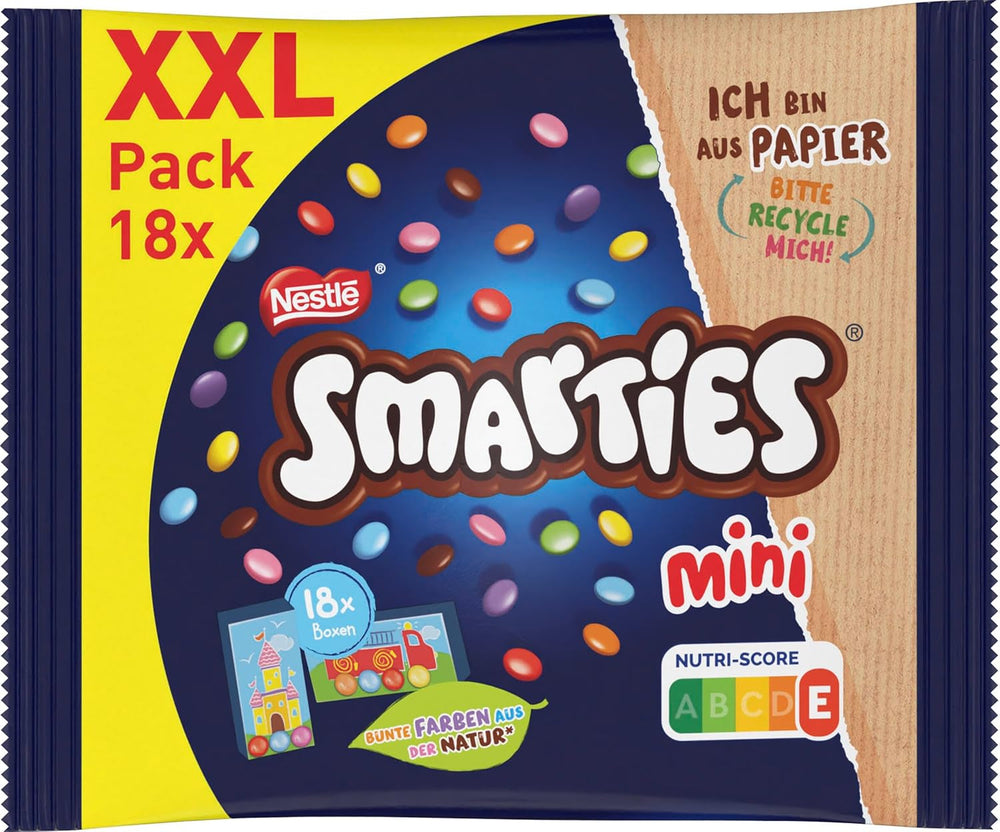 Pungi Nestlé SMARTIES Mini XXL, linte colorată cu ciocolată, ideale pentru a fi împărțite și gustate cu familia și prietenii, culori naturale, ambalaje reciclabile, 1 pachet (1 x 259g)