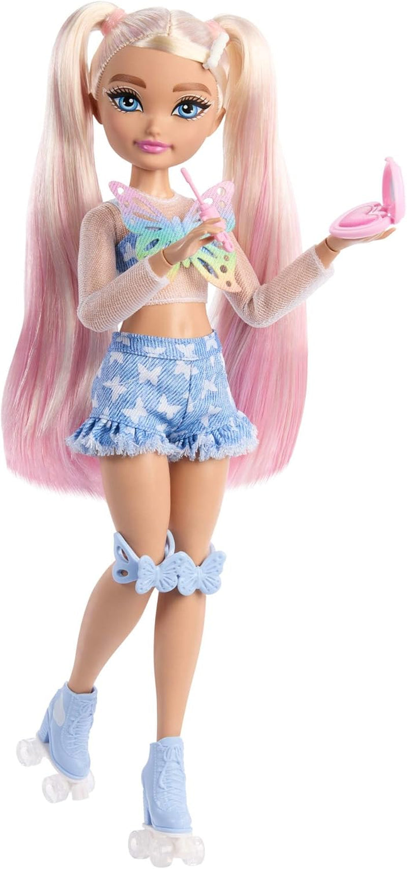 Barbie Dream Besties Puppe und Zubehörteile, bewegliche Barbie Malibu Rollschuh-Modepuppe mit blondem Haar, 9 Teile zum Thema Make-up, JFX96