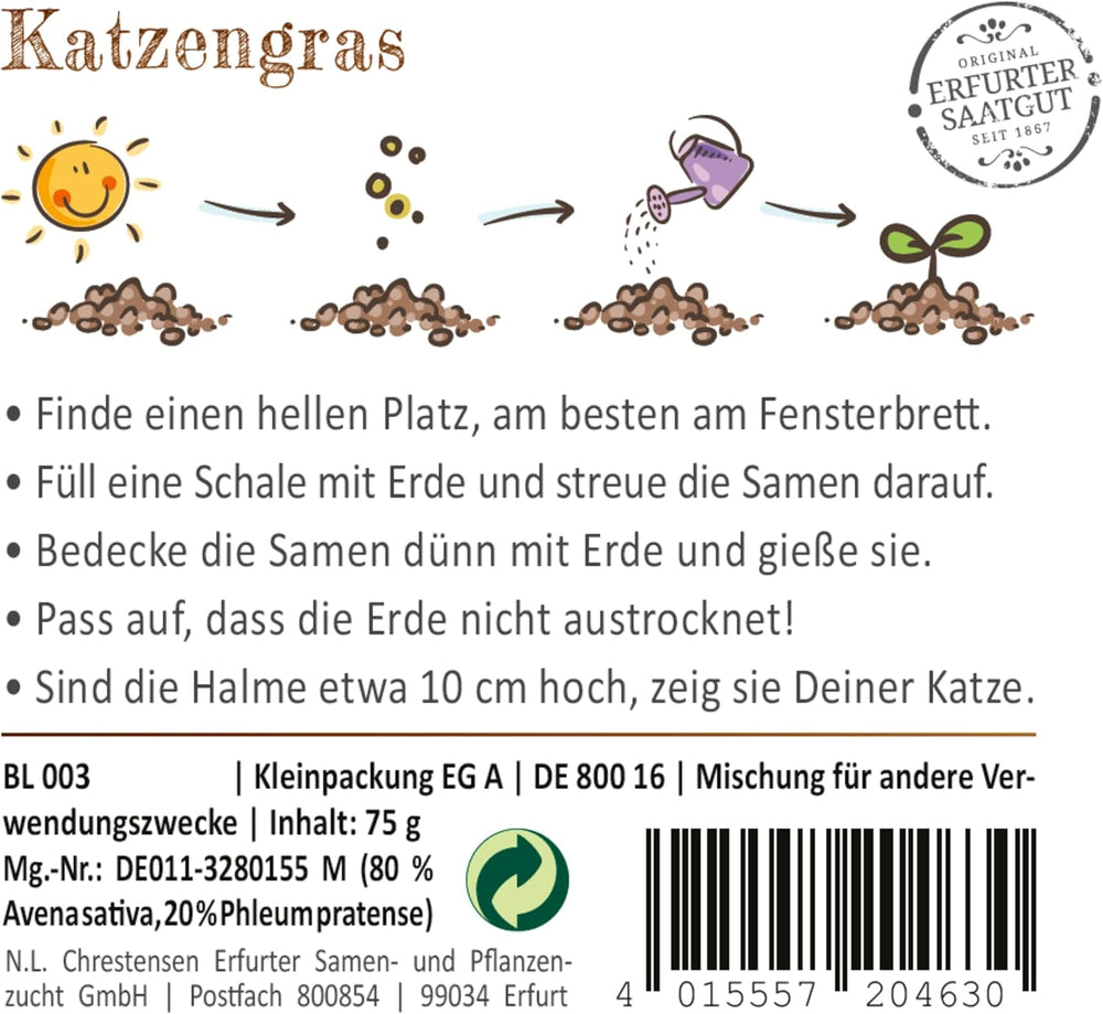 Premium Katzengras Samen Chrestensen Gartenkinder, Grassamen Schnellkeimend Mit Anleitung Für Kinder, 1 Dose Für Ca. 2-2,5 M² Katzengras Fertig Gewachsen, Natürliche Katzen Leckerlies Zu Hause