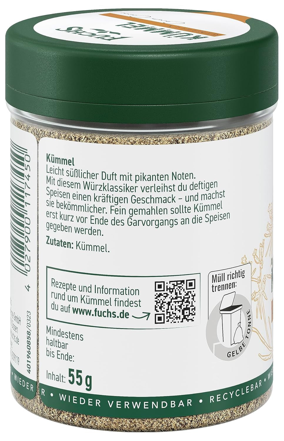 Fuchs Gewürze - Kümmel gemahlen - klassiches Gewürz für deftige Gerichte wie Chili con Carne - natürliche Zutaten - 55 g in wiederverwendbarer, recyclebarer Dose