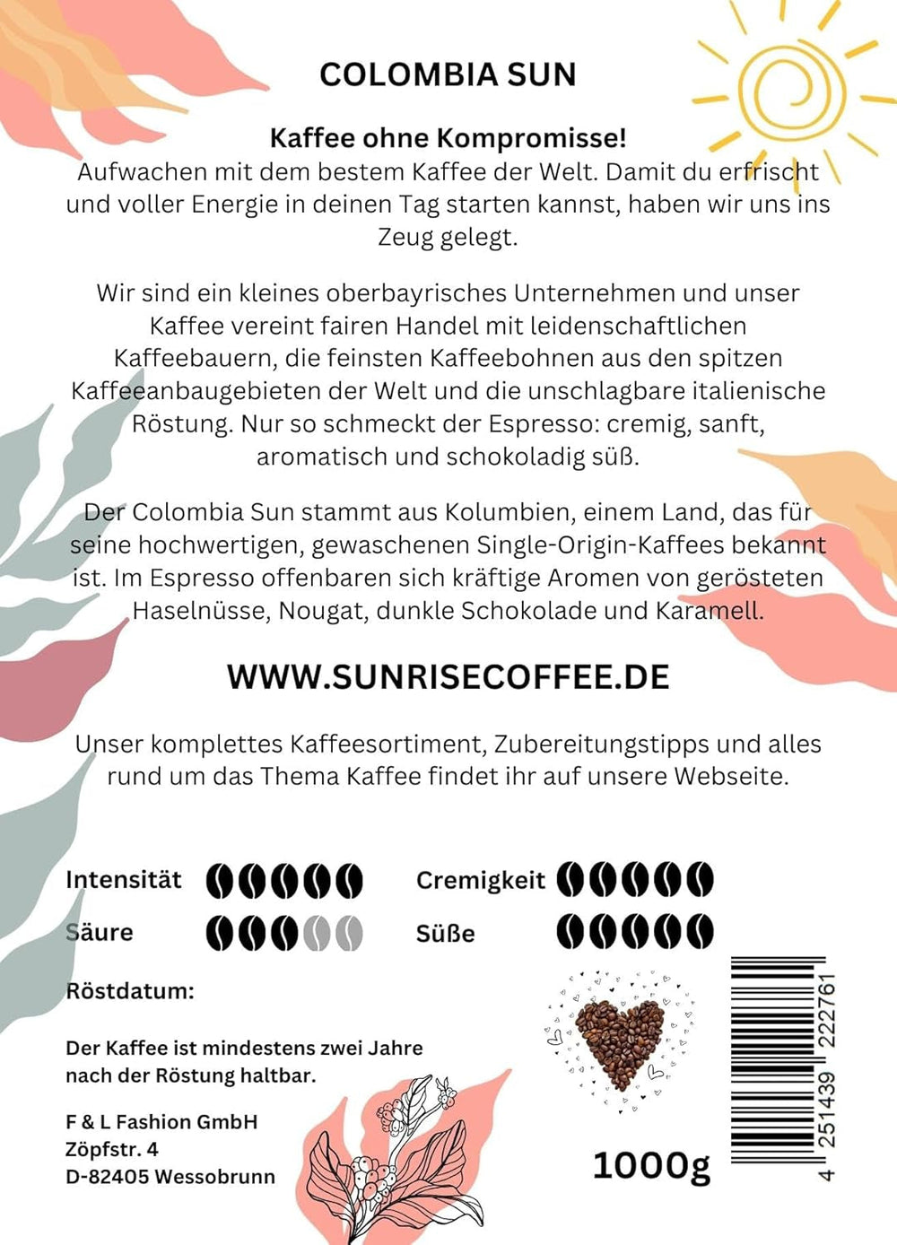 Sparset Espressobohnen Colombia Sun Frische Ganze Kaffeebohnen direkt aus Kolumbien Arabica Kaffee, mittelkräftig geröstet, 6kg