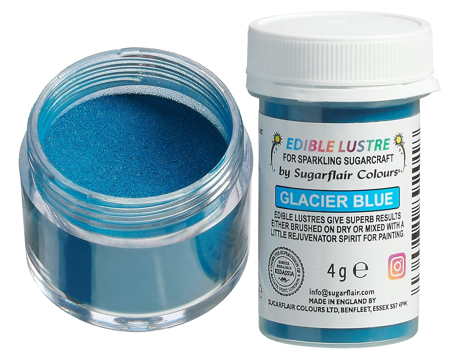 Colorant alimentar comestibil Sugarflair Lustre, albastru ghețar - Pudră lucioasă alimentară pentru prăjituri, brioșe, ciocolată, produse de patiserie, deserturi, înghețată, băuturi, cocktailuri și multe altele - 4g