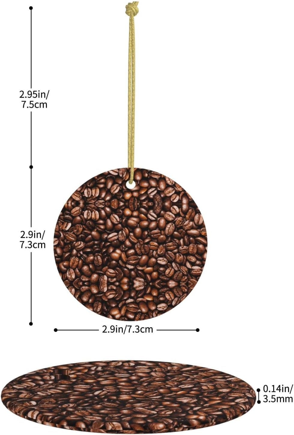 Boabe de cafea prăjite amuzante, față-verso, imprimate, ceramice, rotunde, cu șnur auriu pentru agățat, decor festiv pentru casă, birou