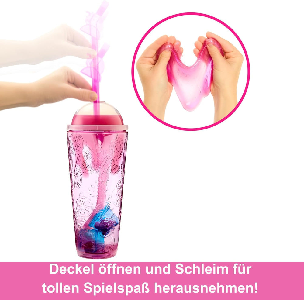Barbie Pop Reveal Fruit - Păpuși surpriză cu 8 surprize fructate, inclusiv o păpușă poziționabilă cu parfum de limonadă de căpșuni și un cățeluș pufos, vârste 3+, HNW41