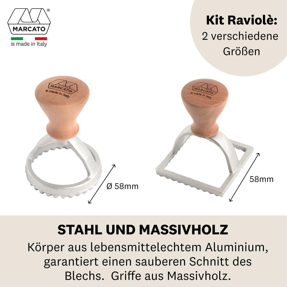 Set de forme pentru ravioli și biscuiți Marcato, aparat de ravioli, formă pentru biscuiți, lemn masiv și fontă, fabricat în Italia, relief rotund 58 mm + relief pătrat 58 mm. Model: Raviolè