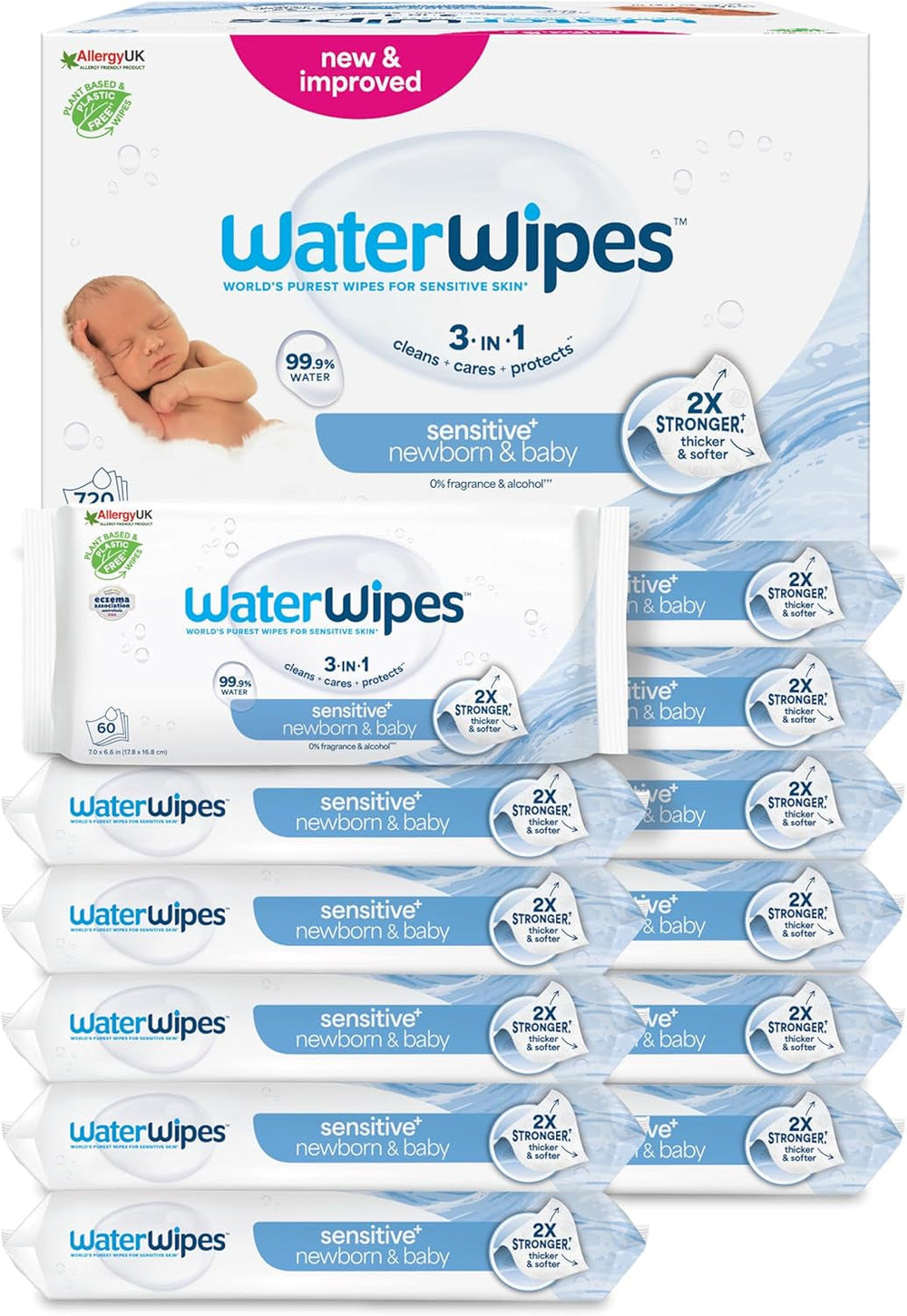 Șervețele umede WaterWipes Sensitive+ pentru nou-născuți și bebeluși, 360 bucăți (6 pachete), curățare, îngrijire, protecție 3 în 1, 99,9% apă, fără parfum