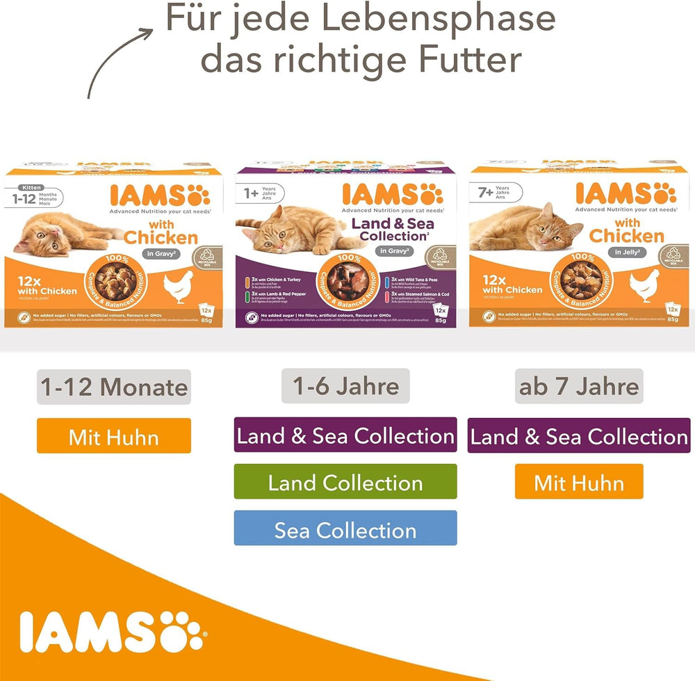 IAMS Delights Land Collection Hrană umedă pentru pisici - Pachet multiplu cu varietăți de carne (miel, vită, pui și curcan) în sos, hrană umedă pentru pisici de la 1 an, 12 x 85g