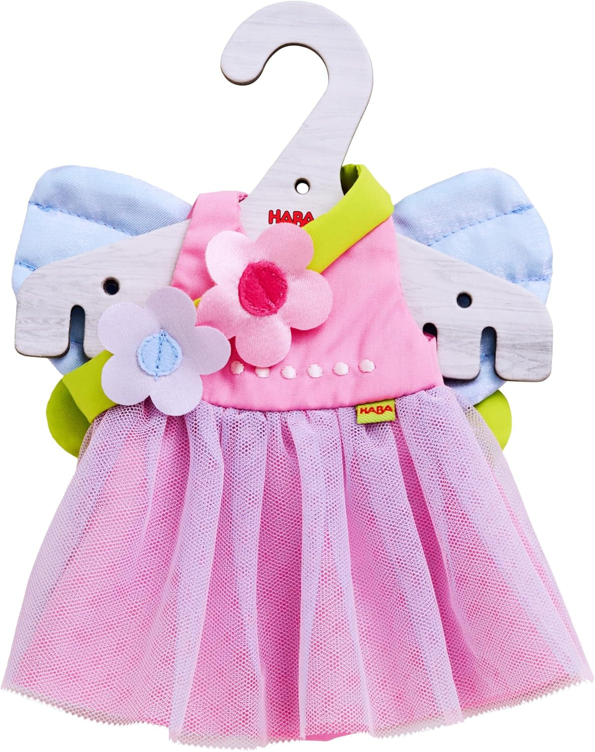 Haine pentru păpuși HABA Fairy Magic – set de 2 piese pentru păpuși cu vârsta de 18 luni și peste (30 cm) – rochie cu tul și aripi, bandă pentru păr cu flori inclusă – 1306243001