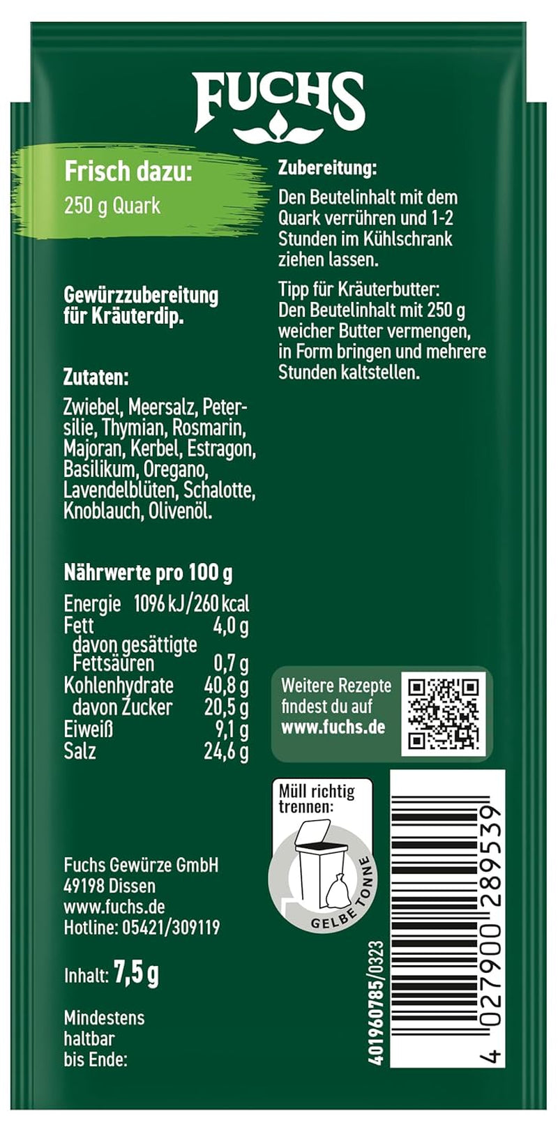 Fuchs Gewürze - Let's dip! Kräuter der Provence Gewürzzubereitung, Gewürz für Kräuterquarkdip, 7,5 g im Beutel