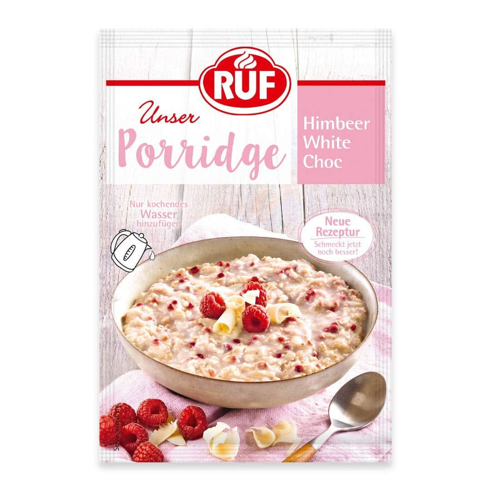 RUF Porridge Raspberry White Choc, Porridge instant cu bucăți de zmeură și ciocolată albă rasă, 65 de grame Cereale Naty Shop