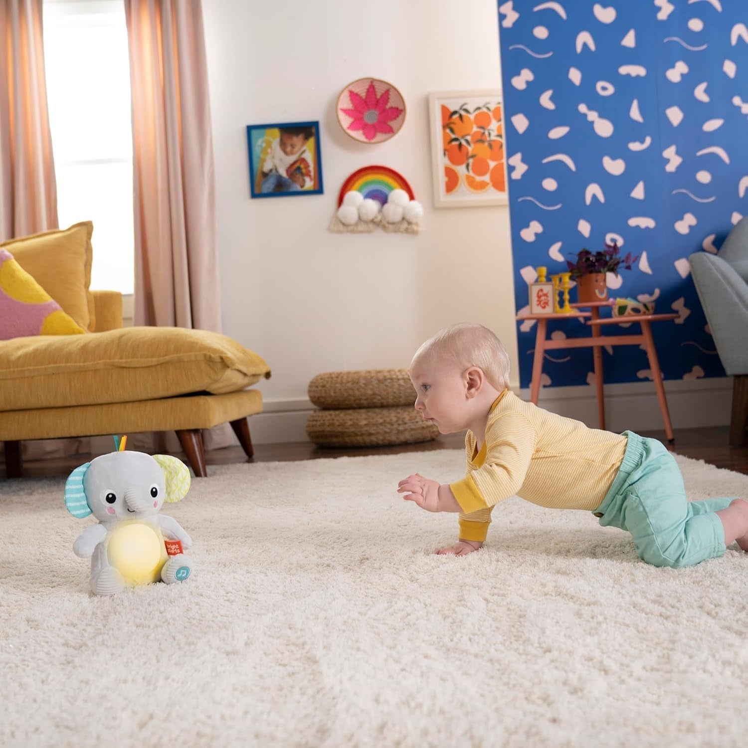 Bright Starts, Hug-a-bye baby elefant de jucărie cu lumini, melodii, texturi diferite și multe altele, multicolor Jucarii Bebe Naty Shop