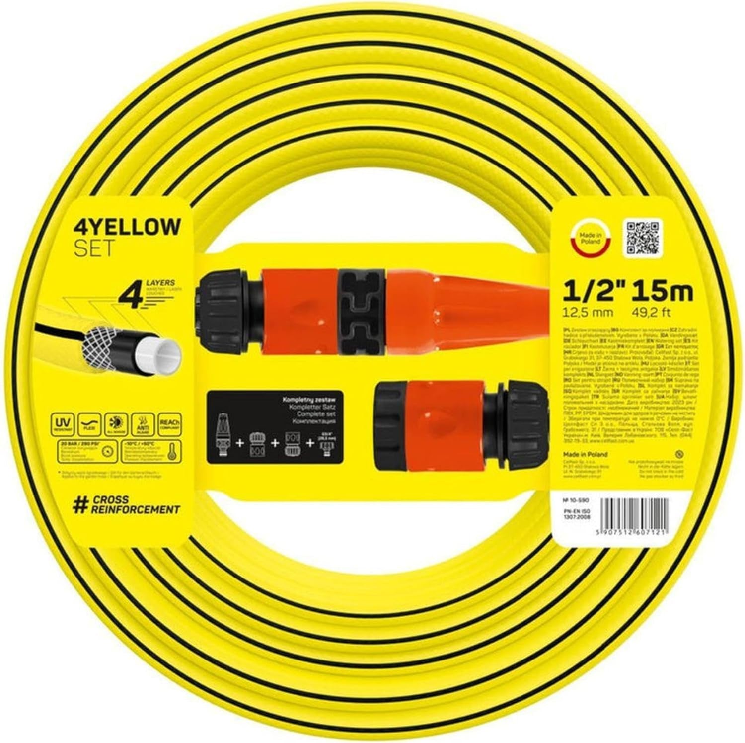 Furtun de grădină Cellfast GALBEN, ușor, durabil, cu 4 straturi, cu aspersor, rezistent la UV și alge, rezistent la răsucire, tehnologie REACH, 20 bar, -10/+50°C, închidere de 1/2", 15m