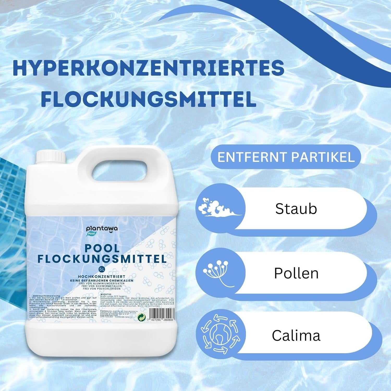 Floculant pentru piscină 5L | Floculant pentru piscină pentru apă cristalină | Foarte concentrat și economic | Potrivit pentru toate sistemele de filtrare | Fără aditivi nocivi