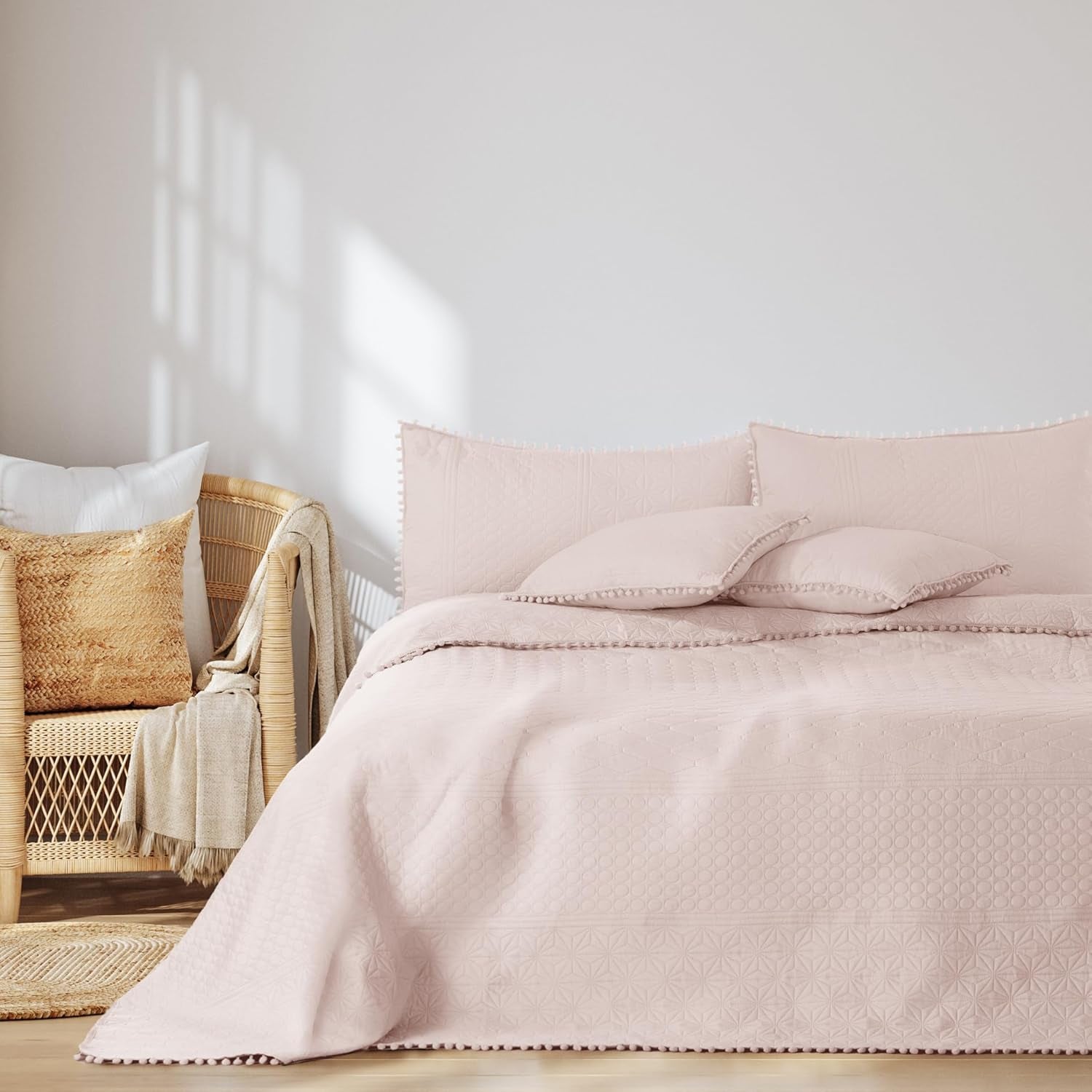 Ameliahome Cuvertură de pat cu pompoane 220X240 Cm Cuvertură de pat cu două fețe Ultrasonic Quilting Poliester Meadore Grey Paturi si Cuverturi Besuche den AmeliaHome-Store Meadore roz pudră 200X220 Cm