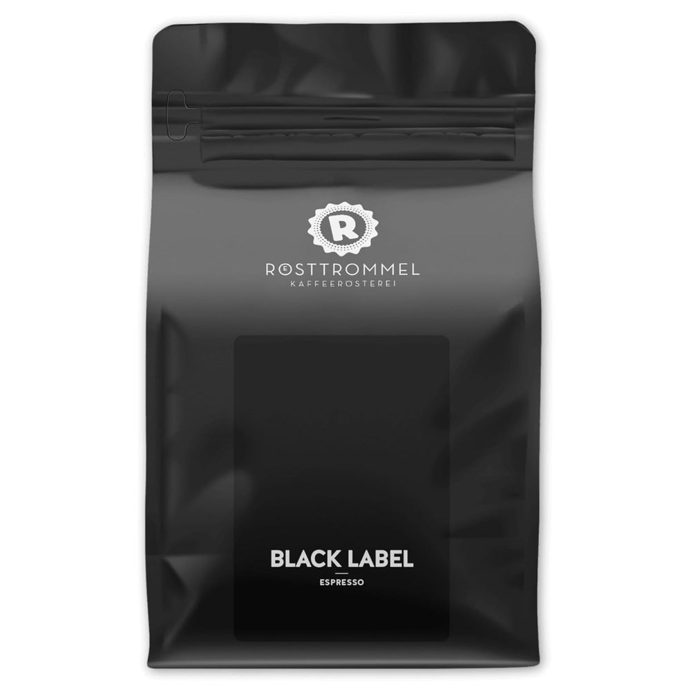 RÖSTTROMMEL BLACK LABEL - Special Blend ESPRESSO, Ganze Kaffee-Bohnen 1kg, 50% Arabica, 50% Canephora, Röstung 8.5/10, 50% Brasilien, 50% Indien, Geschmack: cremig - kräftig - zartbitter Schokolade