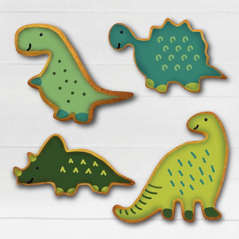 Set de forme de biscuiți Zenker cu dinozauri din oțel inoxidabil, 4 piese – Perfect pentru sesiuni creative de copt cu copiii, lavabil în mașina de spălat vase, design modern cu dinozauri, argintiu