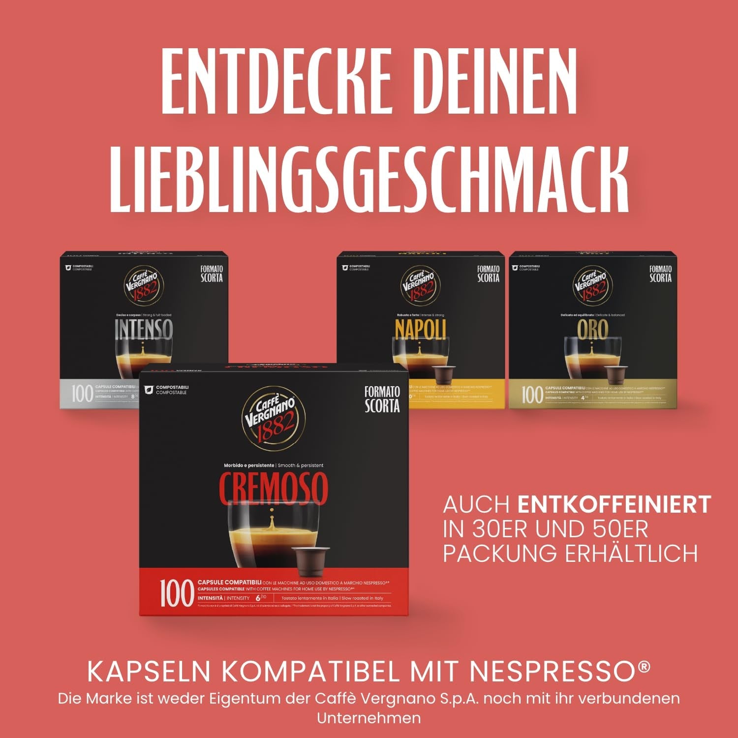 Caffè Vergnano 1882 - Èspresso Kompostierbare Kaffeekapseln, Kompatibel Mit Nespresso, Cremoso (Cremig) - Packung Enthält 100 Kapseln