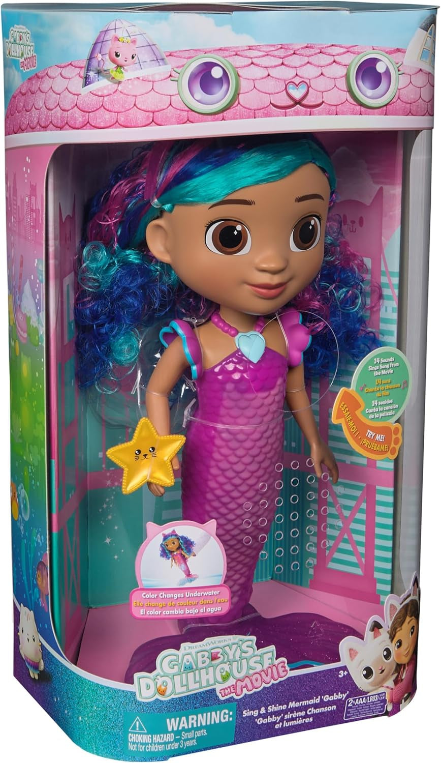 Gabby und das magische Haus Der Film – Gabby Dollhouse – Meerjungfrau-Puppe mit Funktionen 35 cm – 1 Figur und 2 Zubehör – Geräusche & Lichter – Cartoon Spielzeug Puppenhaus – Spielzeug für Kinder ab