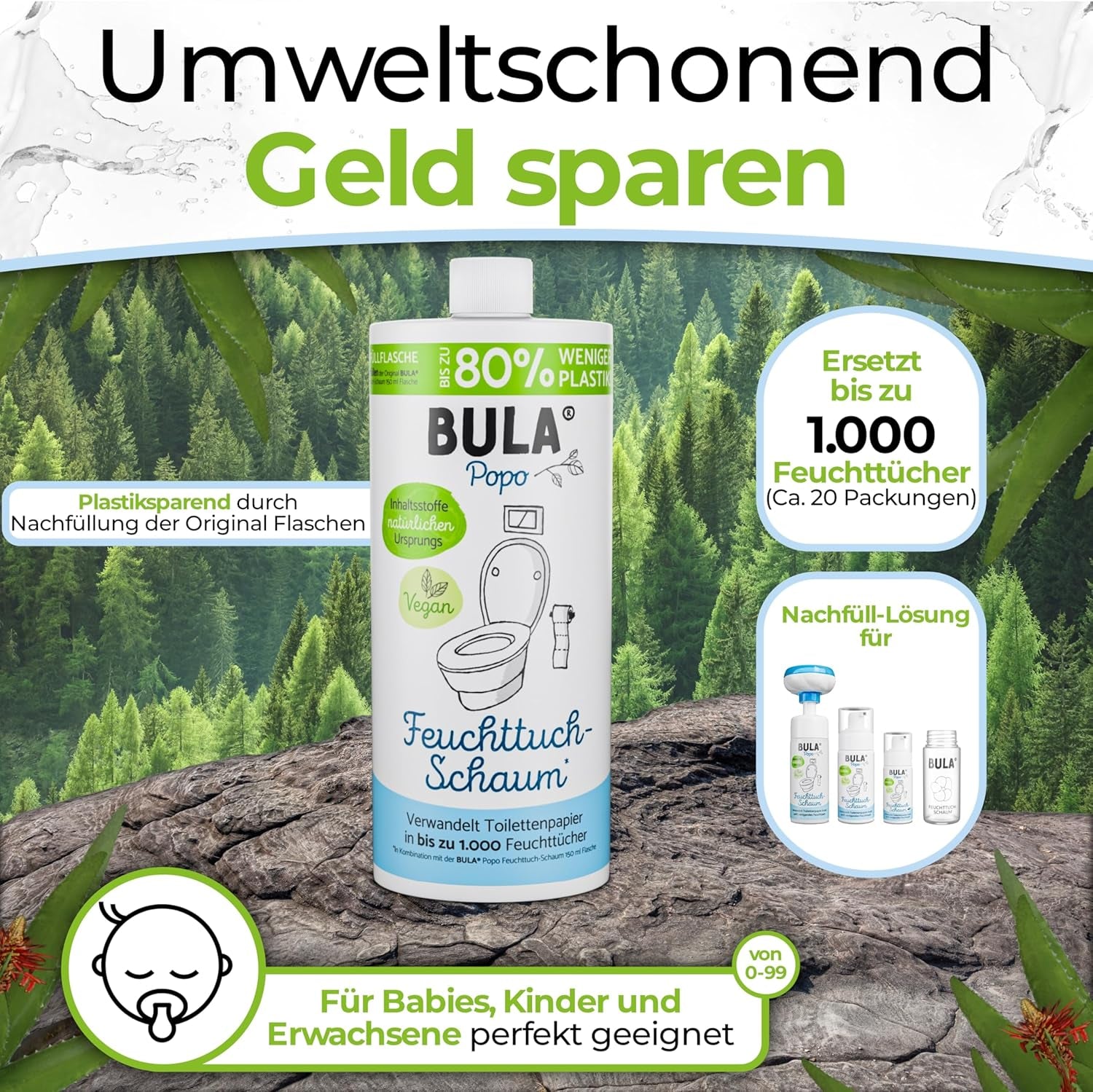 Sticlă de rezervă BULA® Popo (750 ml) DOAR PENTRU REUMPLEREA sticlelor noastre de 150 ml și 50 ml! | Înlocuiește până la 1.000 de șervețele! | Cu ingrediente de origine naturală