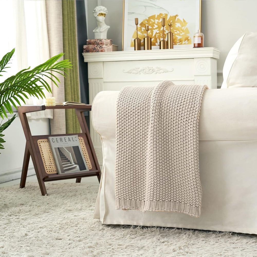 Chunky tricot arunca pătură, Lightweight, Bej, 100% bumbac organic, Pătură pentru canapea, canapea, pat, copil, camera copiilor, Rustic, Shabby chic, Modern farmhouse, 152.4 X 203.2 cm, Inclusiv sac de rufe Paturi si Cuverturi Longhui bedding