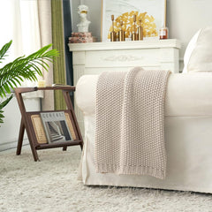 Chunky tricot arunca pătură, Lightweight, Bej, 100% bumbac organic, Pătură pentru canapea, canapea, pat, copil, camera copiilor, Rustic, Shabby chic, Modern farmhouse, 152.4 X 203.2 cm, Inclusiv sac de rufe Paturi si Cuverturi Longhui bedding
