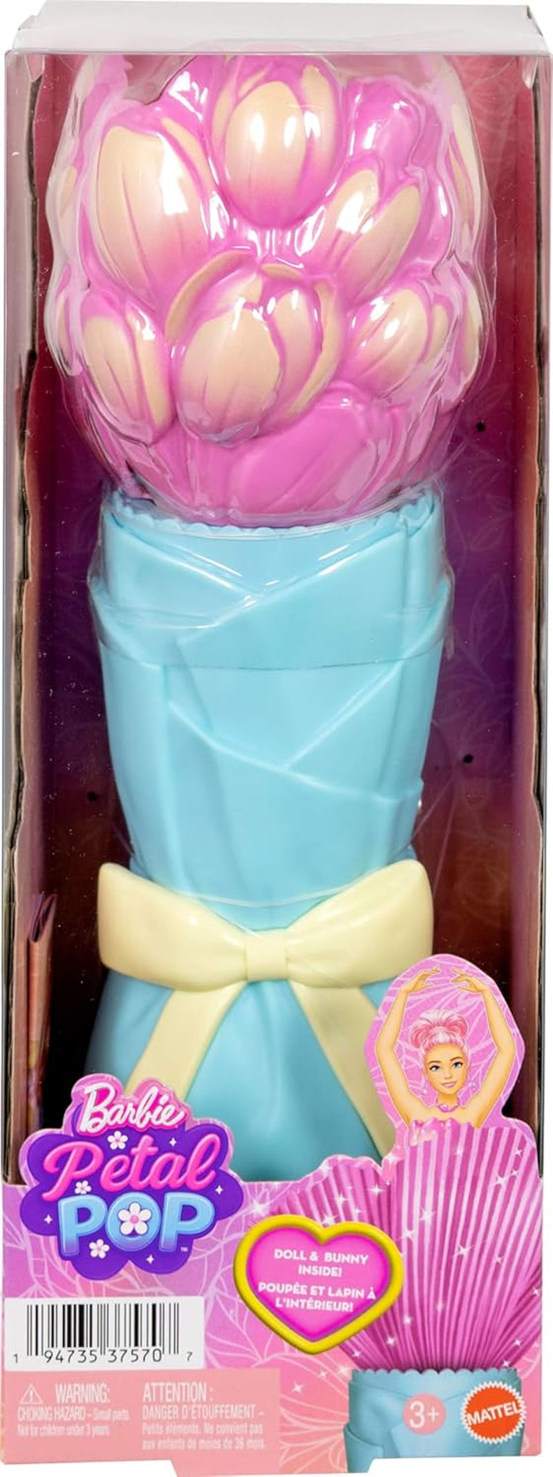 Barbie Petal Pop Duftende Puppe in rosa Tulpenkleid mit Zubehörteilen, Blumenstrauß-Überraschung mit Häschen und Überraschungen wie Einer Gießkanne, Halskette und Ohrringen, JMF57