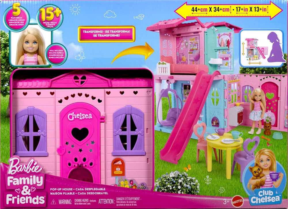 Casă de păpuși Barbie Chelsea cu peste 15 accesorii, căsuța pop-up se extinde la peste 42 x 33 cm cu 5 zone de joacă și un tobogan, cu o păpușă mică și un câine, JFW49