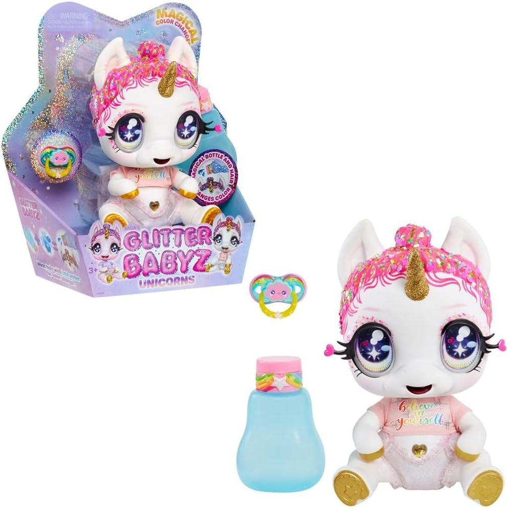 Glitter Babyz MGA Einhorn Baby-Puppe - LUNITA Sky - Mit magischen Farbwechseln, rosa Glitzerhaar, Believe in Yourself Outfit, Windel, Shampoo-Flasche & Schnuller - Für Kinder ab 3 Jahren