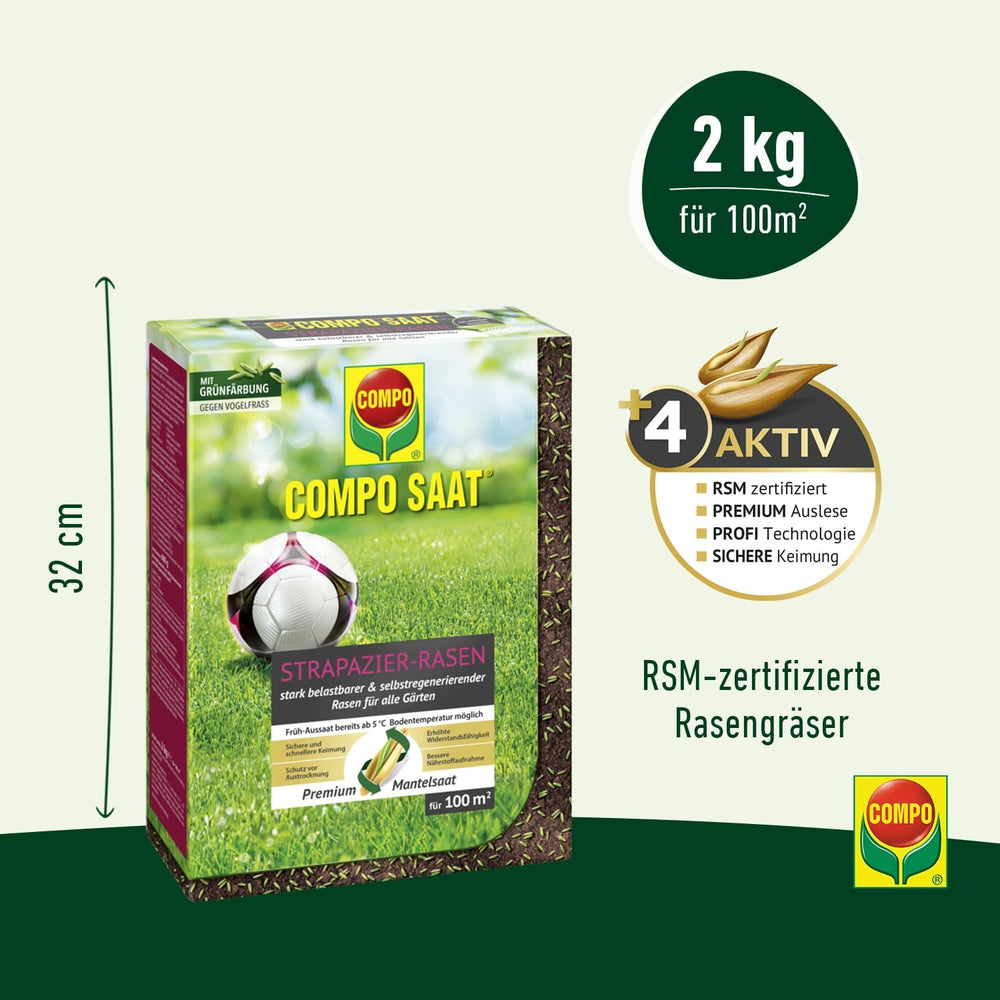 COMPO SAAT Strapazier-Rasen - Regenerationsstarker Strapazierrasen - Hochwertige Saatgutmischung Mit Premium-Mantelsaat - 2 Kg Für 100 M²