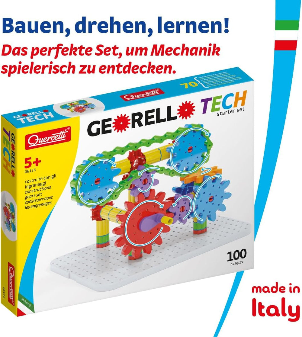 Quercetti Georello Tech Starter Set, Lernspielzeug ab 5 Jahre, Konstruktionsspielzeug Mit Zahnrädern Für Kreative Kinder, Geschenk Jungen & Mädchen, Spielzeug ab 5 Jahre, Gesellschaftsspiele Kinder
