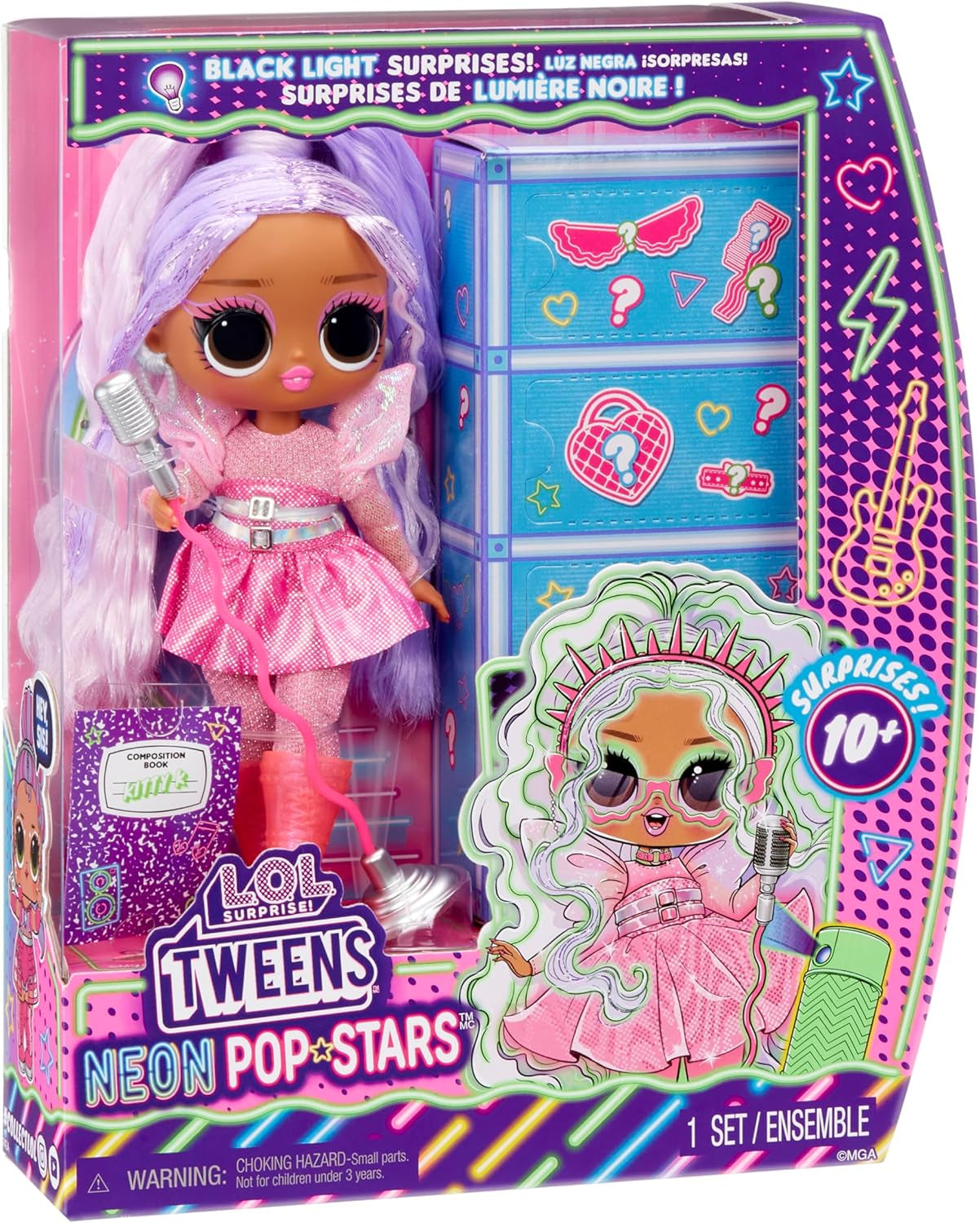 L.O.L. Surprise! Tweens Neon Pop Stars - Kitty K - 1 Modepuppe mit Backlight Surprises und 10+ Pop Star Fashions und Accessoires Inklusive Retro Mikro-Ständer, Geschenk für Kinder ab 4
