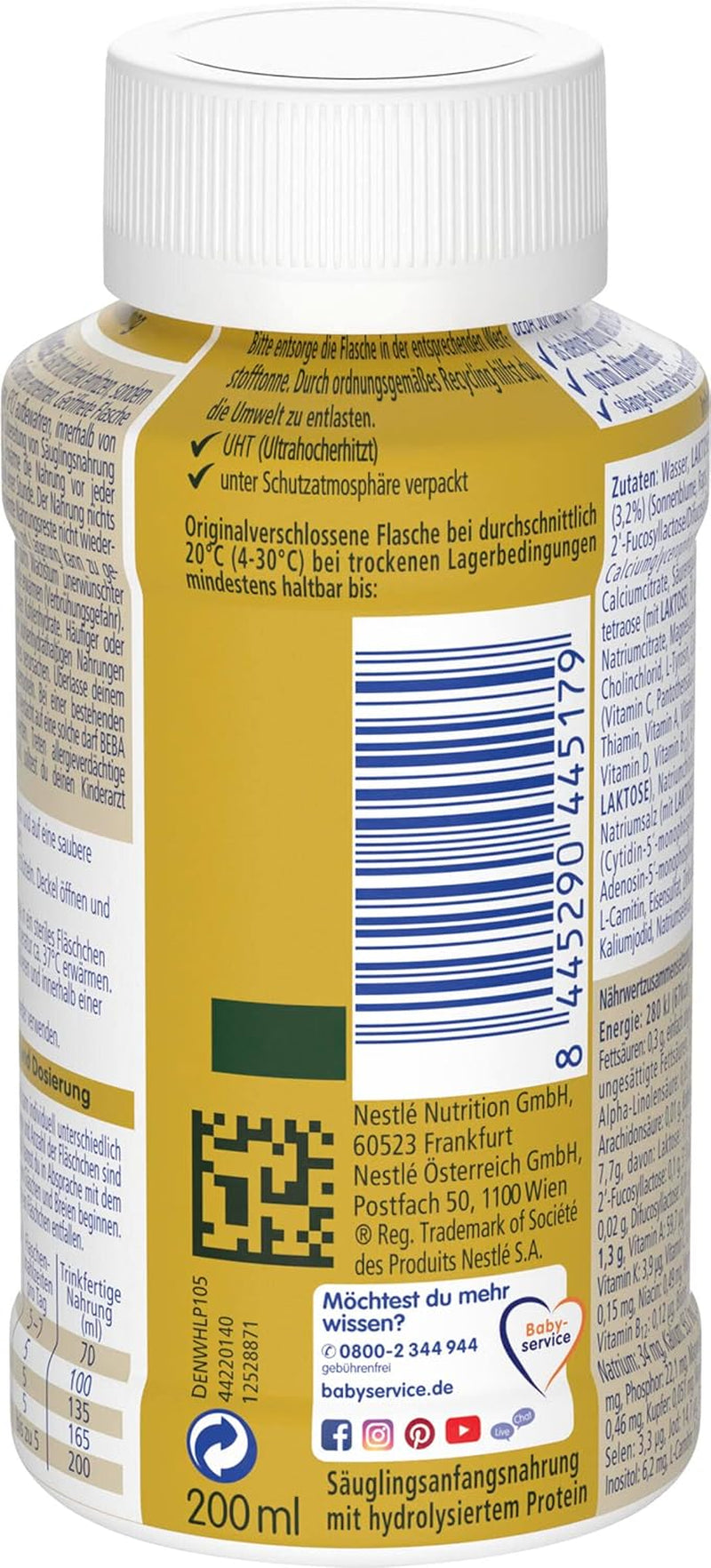 BEBA Nestlé BEBA SUPREME 1 Lapte pentru sugari: biberoane gata de băut, cu Omega 3, pachet de 4 (1 x 200 ml)