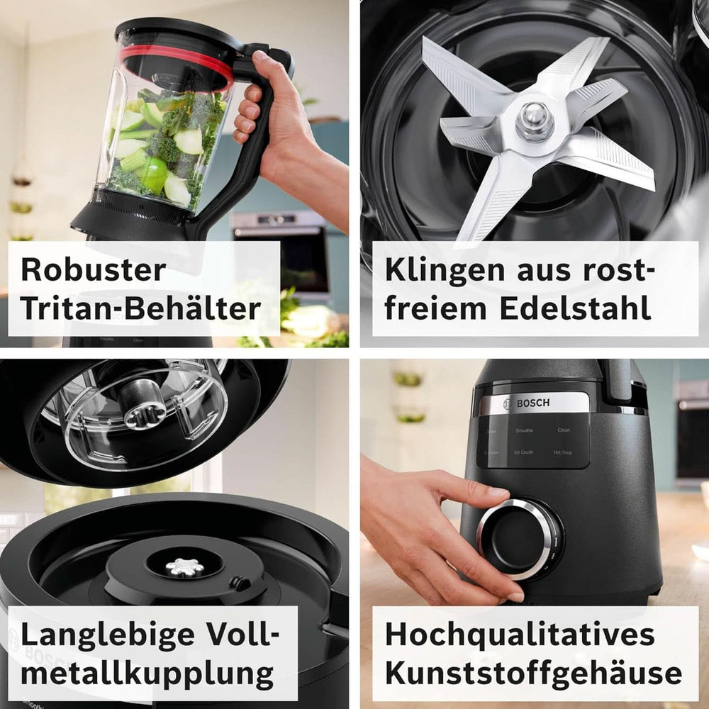 Highspeed-Standmixer Vitapower Serie 6 MMBD665B1, 45.000 U/Min, 6 Programme Inkl Heiße Suppe & Reinigung, 2 L Mixbehälter, Stopfer, Spülmaschinenfeste Teile, Made in Europe, 1800W, Schwarz Bucatarie Naty Shop