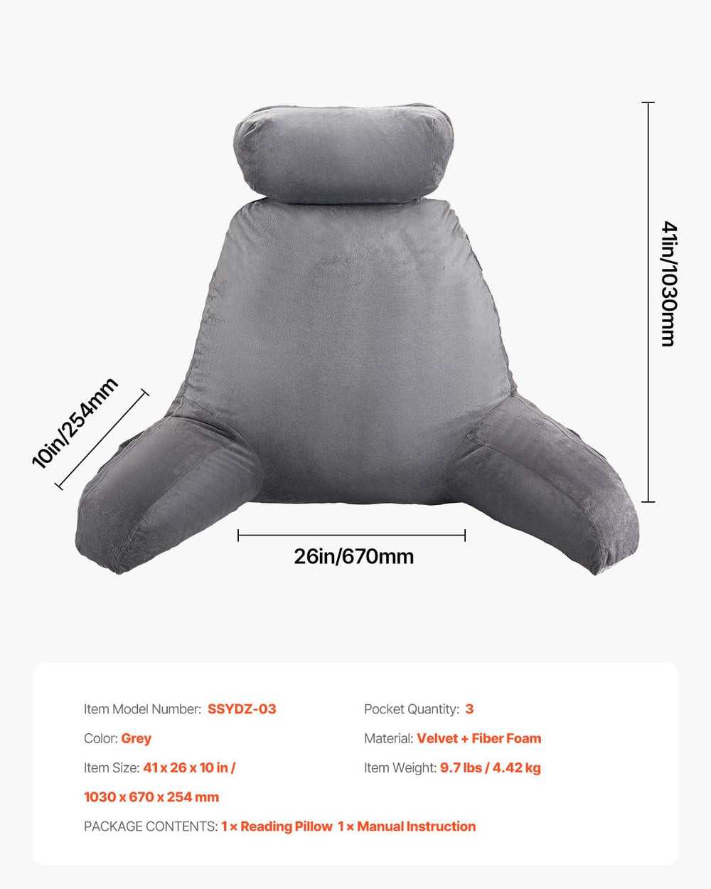 Pernă de citit VEVOR, pernă de pat (mare) cu tetieră detașabilă, pernă pentru spate cu 3 buzunare și material textil lavabil din catifea scurtă și spumă cu memorie mărunțită, lateral cu mâner, pentru vizionarea la televizor, citit, jucat