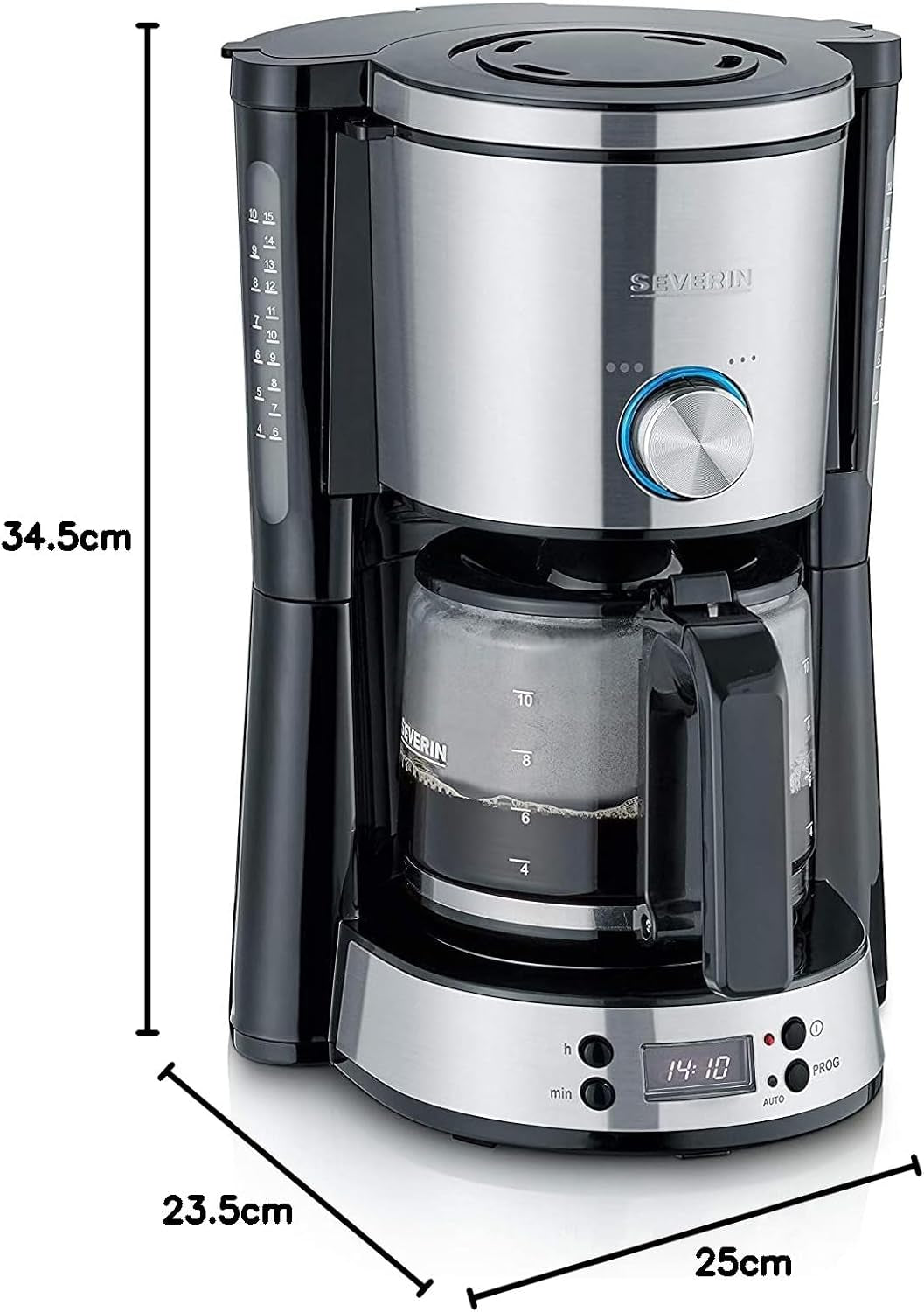 Espressor SEVERIN „TypeSwitch” cu carafă de sticlă și cronometru, AromaSwitch pentru alegerea a 2 opțiuni de preparare, ceas digital cu funcție de cronometru, pentru până la 10 cești, 1000W, oțel inoxidabil periat-negru, KA 4826