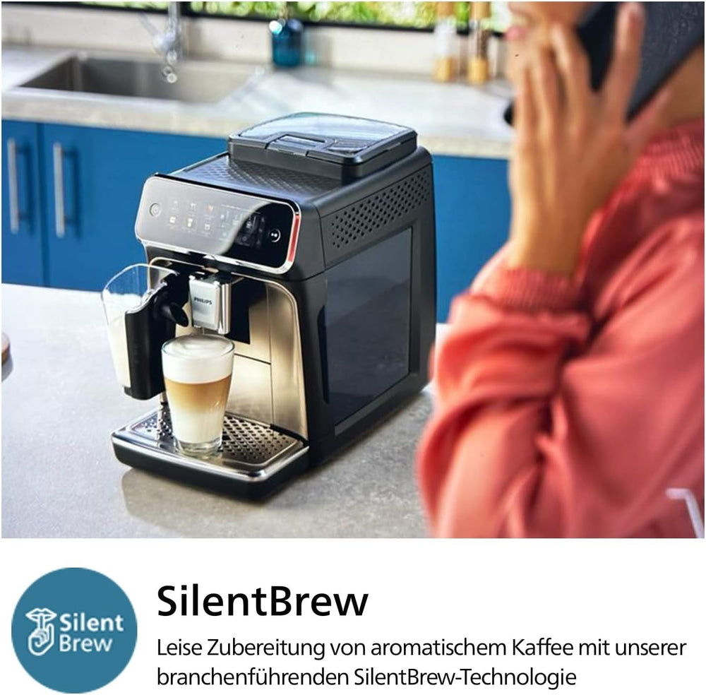 Espressor automat PHILIPS seria 3300 - 6 băuturi, ecran tactil color modern, sistem de preparare a laptelui LatteGo, SilentBrew, râșniță 100% ceramică, filtru AquaClean. Crom negru (EP3347/90)