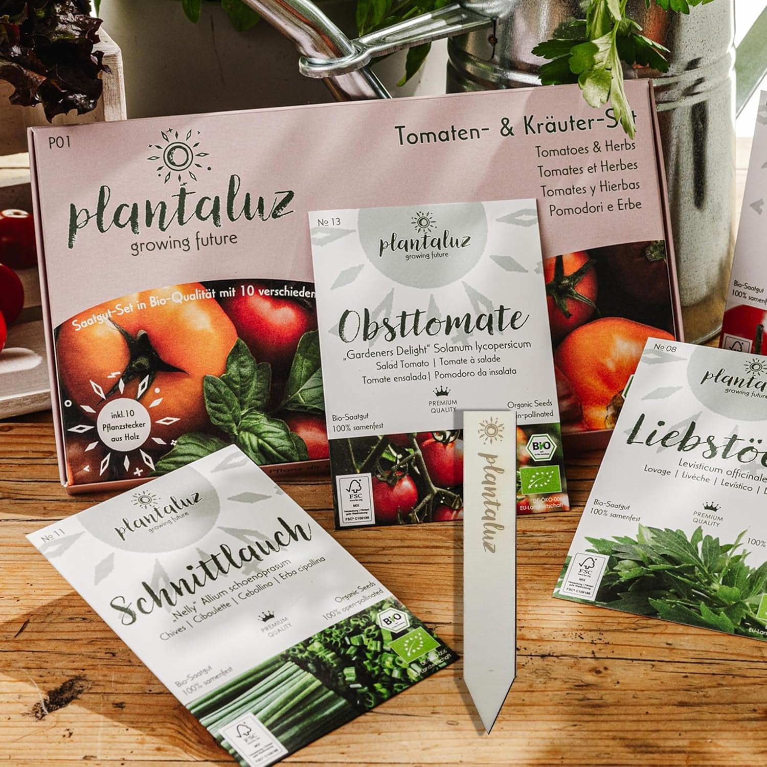 Plantaluz Bio Premium Saatgut Set – 10 Sorten Tomaten & Kräuter Samen – Samenfeste Bio-Qualität Für Garten & Balkon – Liebevolle Geschenkidee Inkl. Beschriftbarer Pflanzenstecker