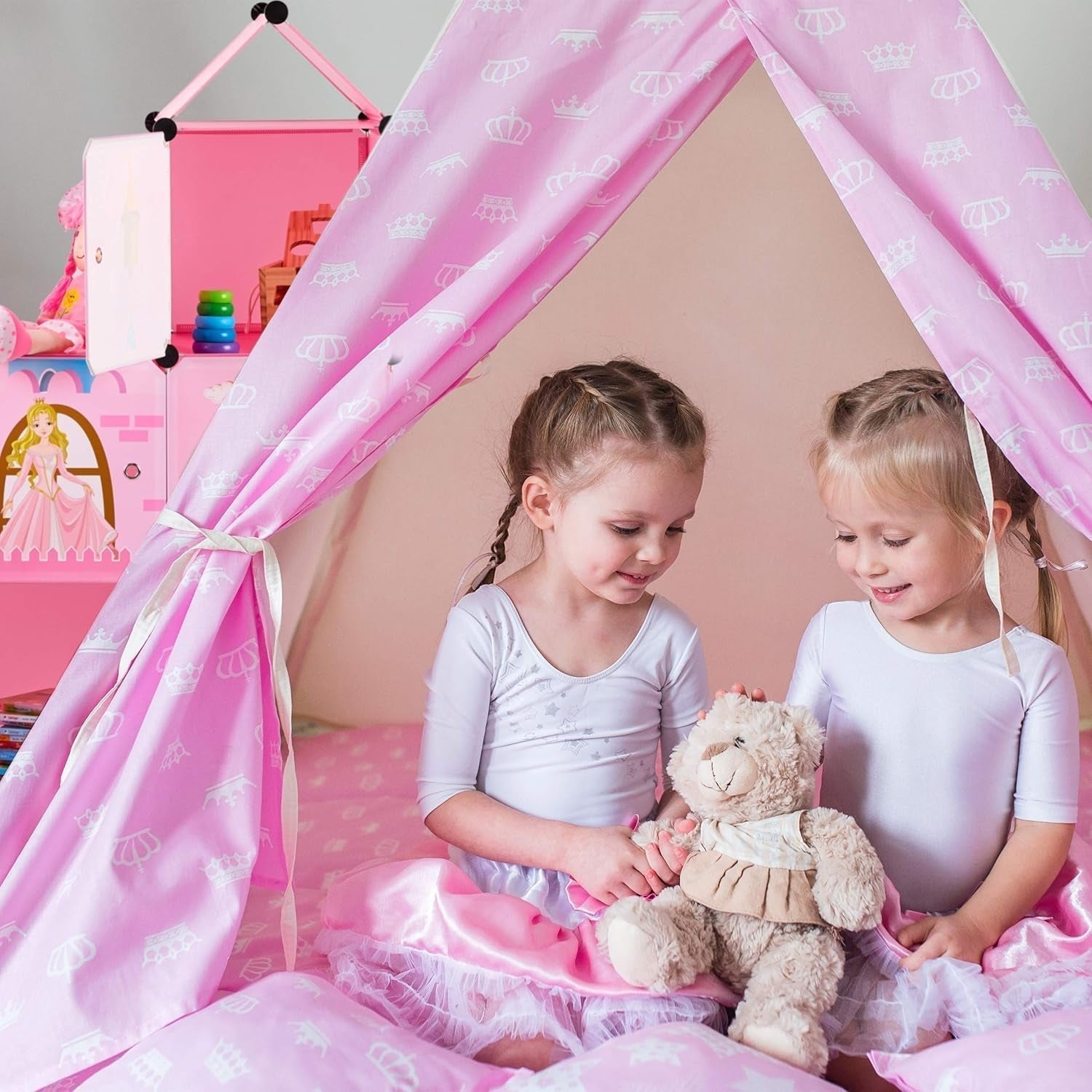 Relaxdays Raft pentru camera copiilor, castelul prințesei, plastic, dulap DIY cu uși, HBT: 128 X 110 X 37 Cm, roz Casute de papusi Naty Shop