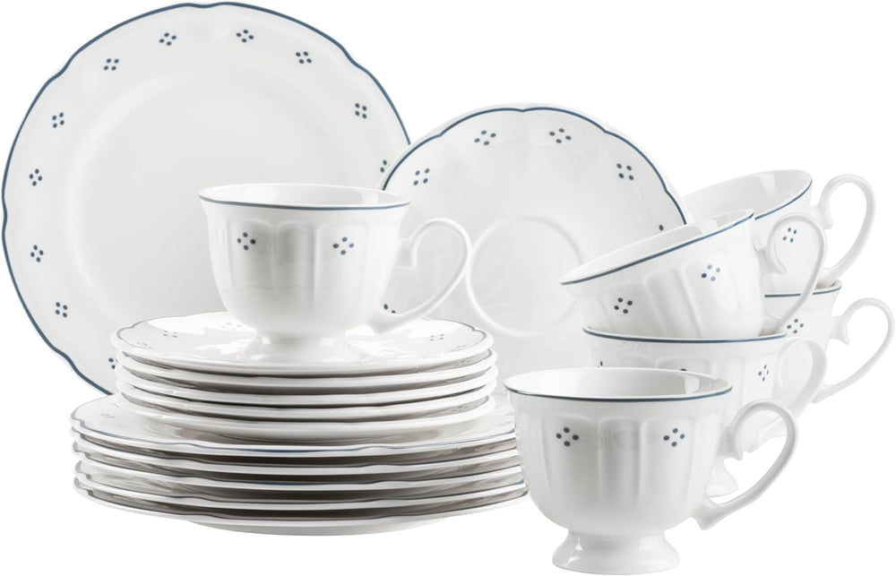Seria Mäser Lova, serviciu de cafea din porțelan cu 18 piese – 6 farfurii de desert (19,5 cm), 6 cești (19 cl) și 6 farfurioare (15,5 cm), albastru