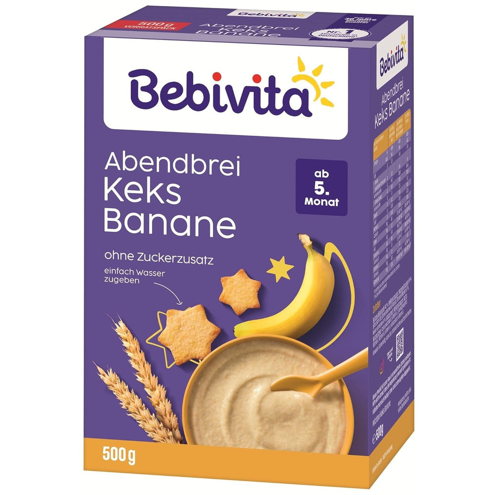 Terci de seară cu biscuiți și banane (4x500g), terci de lapte de la 5 luni, fără zahăr adăugat, cu minerale și vitamine valoroase, foarte sățios