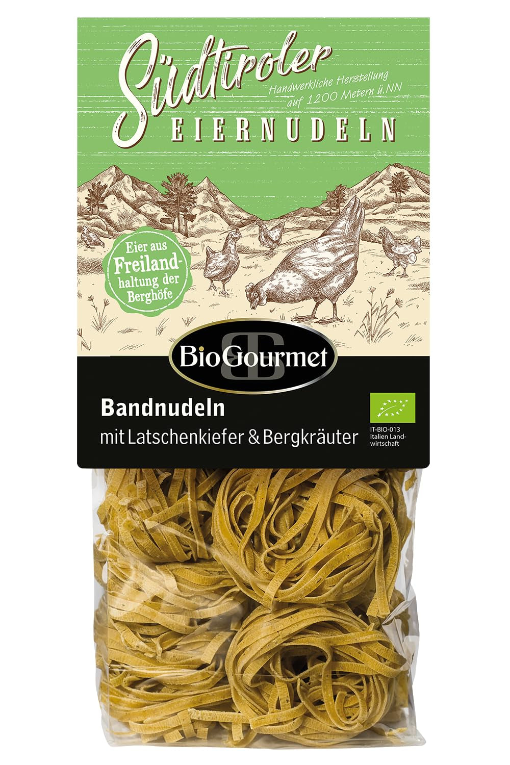 Tăiței panglică BioGourmet cu Schüttelbrot din Tirolul de Sud (IGP) | Tăiței de ou sărați și aromati cu speck autentic din Tirolul de Sud | 1 x 250g Bio