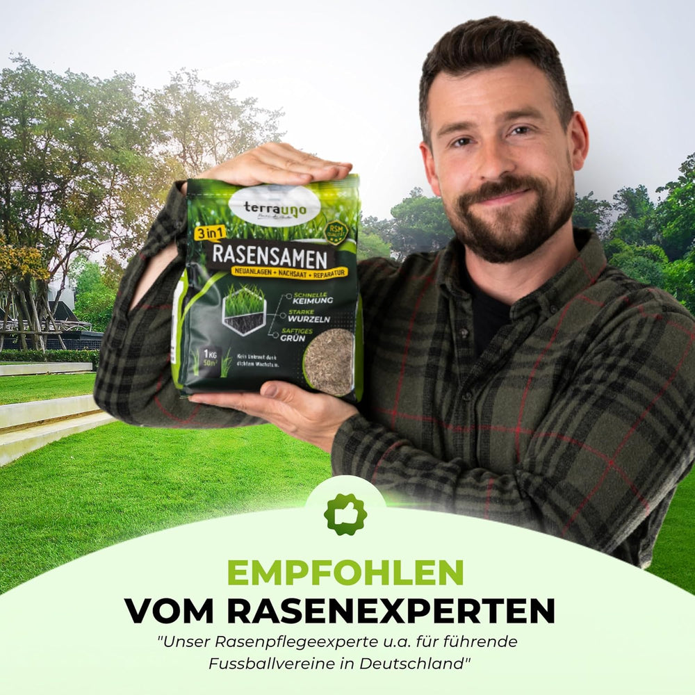 Terrauno - Rasensamen Schnellkeimend I Nachsaat Rasen I Extrem Hohe Keimrate I 1 Kg Für 50 M² I Rasensamen Trockenresistent Zur Schnellen Lückenschließung I Rasennachsaat RSM Qualität