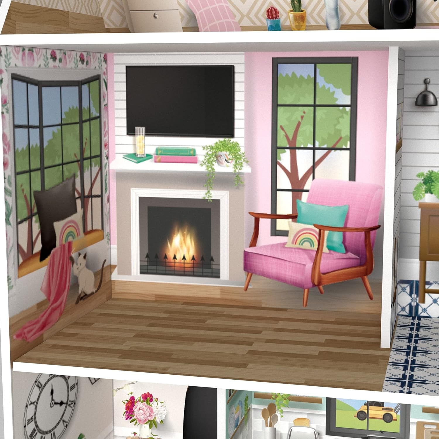 Casă de păpuși interactivă din lemn pentru copii, Olivia's Little World, Dreamland, cu 3 etaje și 13 accesorii pentru mobilier de păpuși, albă, TD-13632A