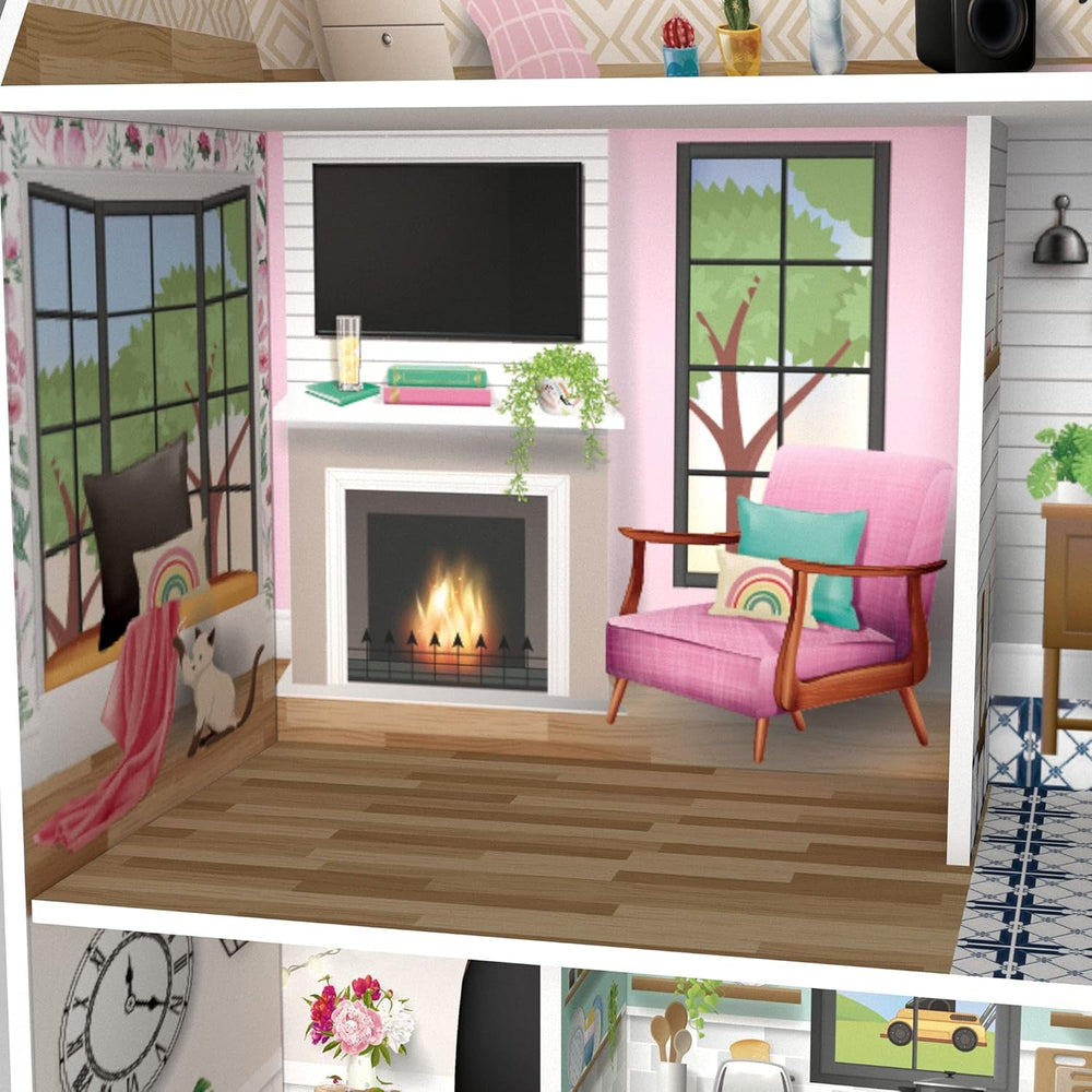 Casă de păpuși interactivă din lemn pentru copii, Olivia's Little World, Dreamland, cu 3 etaje și 13 accesorii pentru mobilier de păpuși, albă, TD-13632A