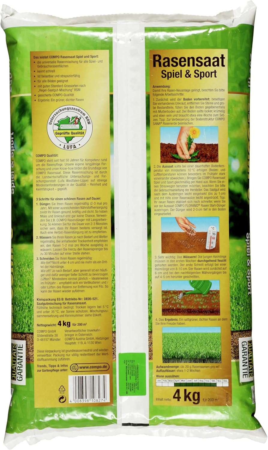 Compo Rasensaat Spiel Und Sport, Universelle Rasenmischung, 4 Kg, 200 M²