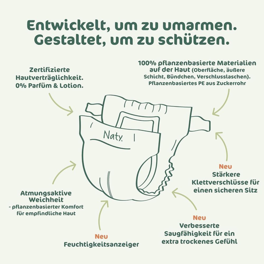 Scutece pentru bebeluși Naty BioEmbrace, mărimea 5 (11–25 kg) | 100% materiale pe bază de plante, delicate cu pielea | Moliciune respirabilă, testate dermatologic, absorbție excelentă | 80 buc.